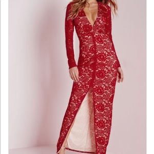 Misguided red long sleeve floral lace maxi dress.
